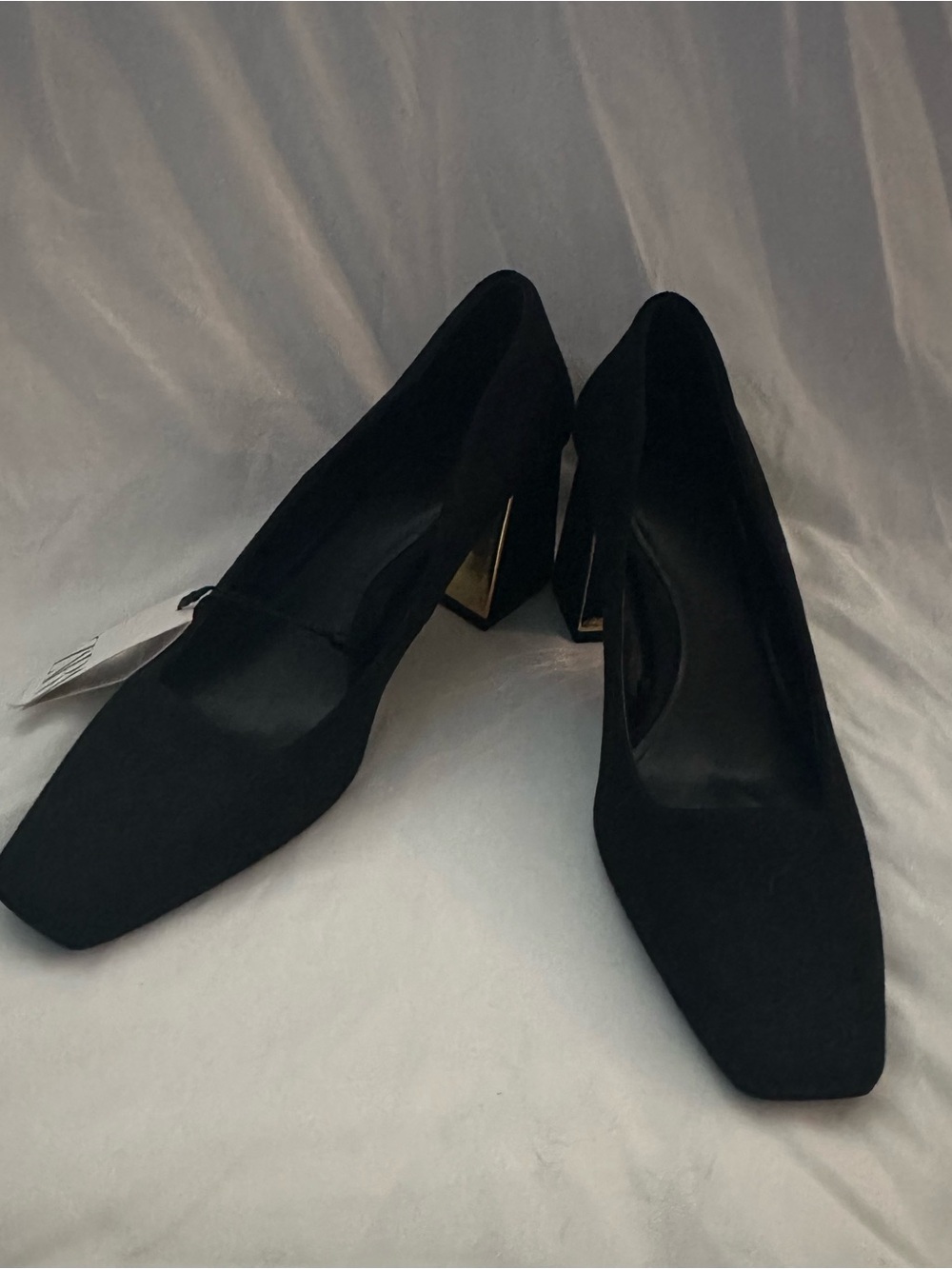 Zara Black Square-Toe Block Heel Pumps with Gold Accent 8 NEW